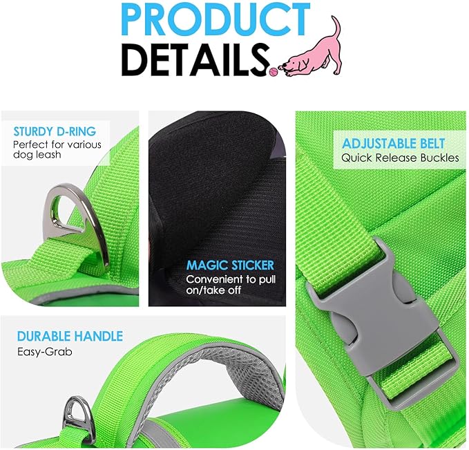 AOFITEE Dog Life Jacket, Dog Life Vest for Swimming, High Flotation Large Dogs Swim Vest with Rescue Handle, Reflective Dogs Lifesaver Swimsuit for Boating Summer Pool Beach, Green Shark XL