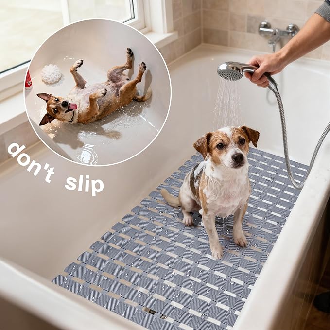 Bath Tub Shower Mat, Pet Dog Bathing Non-Slip Mat, Dog Bath mat for tub, 27.5x15.7 Inch Quick Drain Bathtub Mat with Suction Cups & Drain Holes for Bathroom (Light Blue)