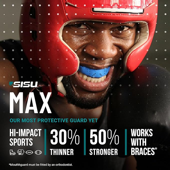 SISU Max Mouthguard - 50% Stronger, Maximum Protection for Rugby, MMA, Boxing, Lacrosse, Football, Hockey, High-Impact Sports - Adult Fit, Remoldable Up to 20 Times, Works for Braces