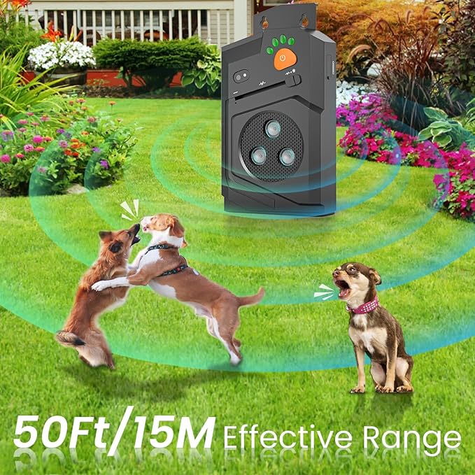 Automatic Anti Barking Device for Dogs, Ultrasonic Dog Bark Deterrent with 3 Emitters, 50Ft Range, No Shock Barking Silencer, IP66 Waterproof for Outdoor & Indoor