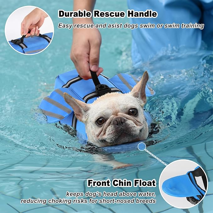 Dog Life Jacket, Cute Wings Adjustable Dog Life Vest with Chin Float and Handle for Swimming Boating Reflective High Buoyancy Swim Float Vest for Small Medium Large Dogs (Blue, L)