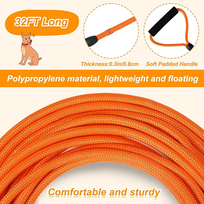 Vivifying Long Dog Leash, 32ft Floating Dog Training Leash, Check Cord Rope Lead with Comfortable Handle for Outside, Hiking, Swimming, Beach and Lake (Orange)
