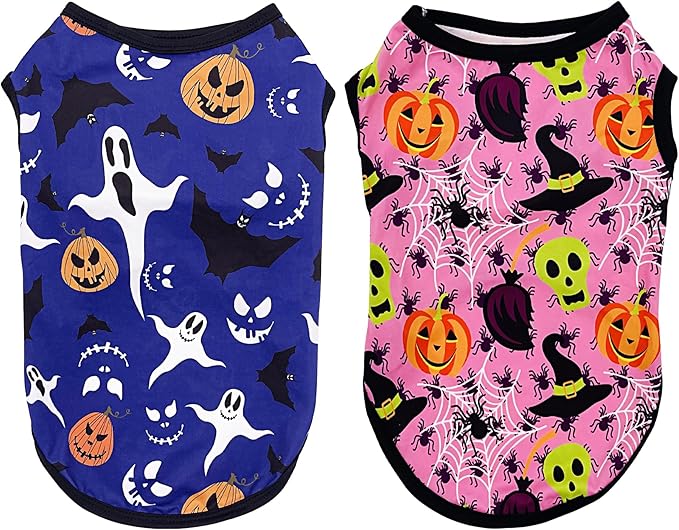 Halloween Dog Shirts XL Sleeveless Tank Top Tee Clothes Vest Soft Breathable T-Shirts Pumpkin Bats Ghost Spider Owls Pink Blue Boy and Girl Outfit Pack of 2