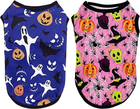 Halloween Dog Shirts for Large Dog Sleeveless Tank Top Tee Clothes Vest Soft Breathable T-Shirts Pumpkin Bats Ghost Spider Owls Pink Blue Outfit Pack of 2