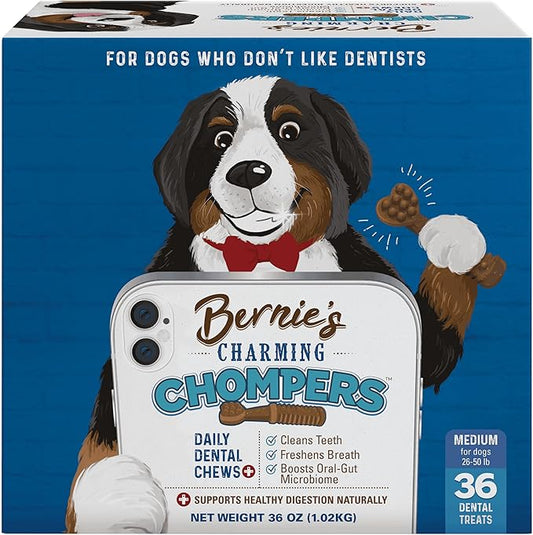 Bernie's Charming Chompers - Daily Dental Chews for Dogs 26-50 Lbs. - 36 Count - Cleans Teeth, Freshens Breath, + Boosts Oral-Gut Microbiome. Easy to Digest, Supports Healthy Digestion Naturally