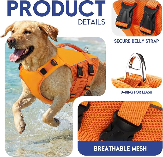 ASENKU Dog Life Jacket, High-Buoyancy Reflective Dog Swimming Vest with Durable Handles for Small/Medium/Large Dogs - Pool, Beach, Boating (Orange, L)