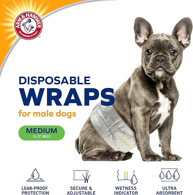 Arm & Hammer Medium Male Dog Wraps, Disposable Belly Band Diapers with Baking Soda Odor Control, Super Absorbent Leak Resistant Design for Marking and Incontinence, 15-23 Inch Waist, 12 Ct - 6 Pack