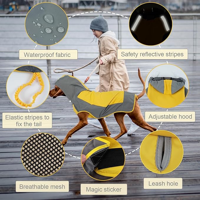 IECOii Dog Raincoats for Large Dogs,Waterproof Large Doggy Rain Jacket with Hood,Reflective Breathable Pet Rain Coat with Hood,Ideal for Adventures, Walking, Hunting in Dark,Yellow,XL