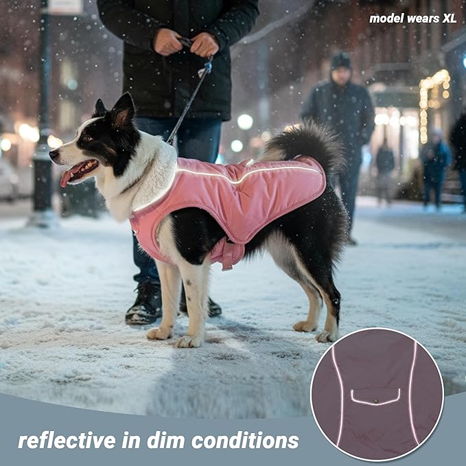 Dog Winter Coat - Warm Dog Clothes for Rain Snow Wind Cold Weather - Reflective Pink Adjustable Waterproof Windproof Pet Vest Jacket with Leash Hole for Small Medium Large Dogs Indoor Outdoor
