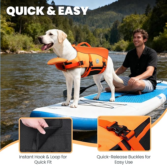 VIVAGLORY Front Float Dog Life Vest, Dog Life Jacket for Swimming & Boating, Swimming Vest with Chin Float & Handle, Ripstop & Buoyancy for Puppy Doggy, S, Dark Orange