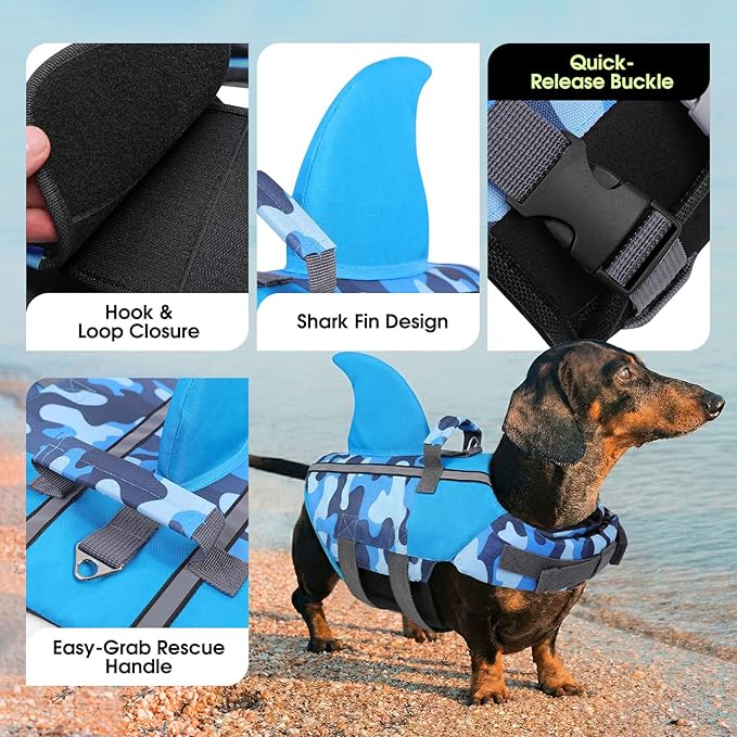 SUNFURA Dog Life Jacket Shark Life Vest for Dogs, Adjustable Swmming Vest with High Buoyancy, Safety Lifesaver with Rescue Handle for French Bulldog Small Medium Breeds, BlueCamo L