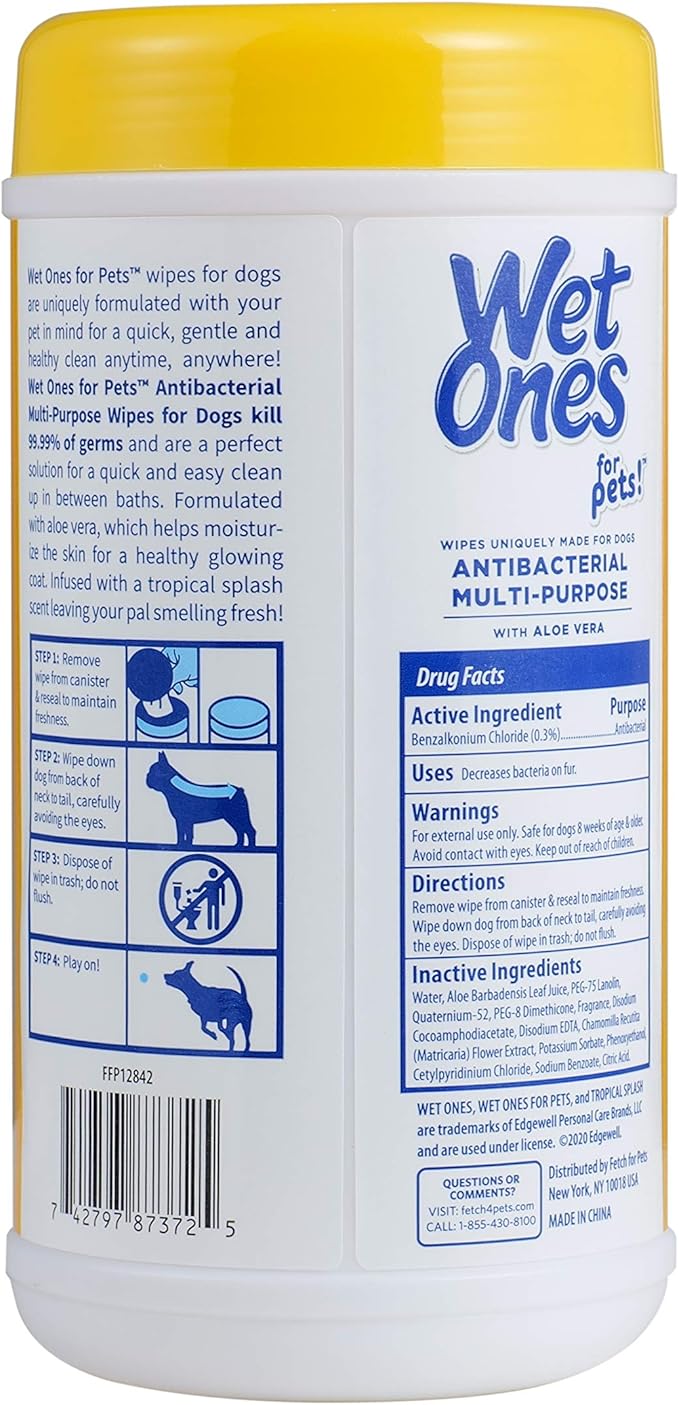 Wet Ones for Pets Multipurpose Dog Wipes with Aloe Vera, Tropical Splash Scent - Pet Bathing Wipes in Canister for Dog Paws & All Over Use, 50 Count - 12 Pack