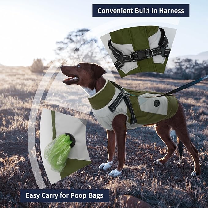 IECOii Warm Small Dog Coat Harness with D Ring - Green, Zip Dog Jacket Winter Reflective, Fleece Lined Snow Jacket, Pet Clothes for Small Dogs, Yorkshire Terrier, Bichon, Shih Tzu