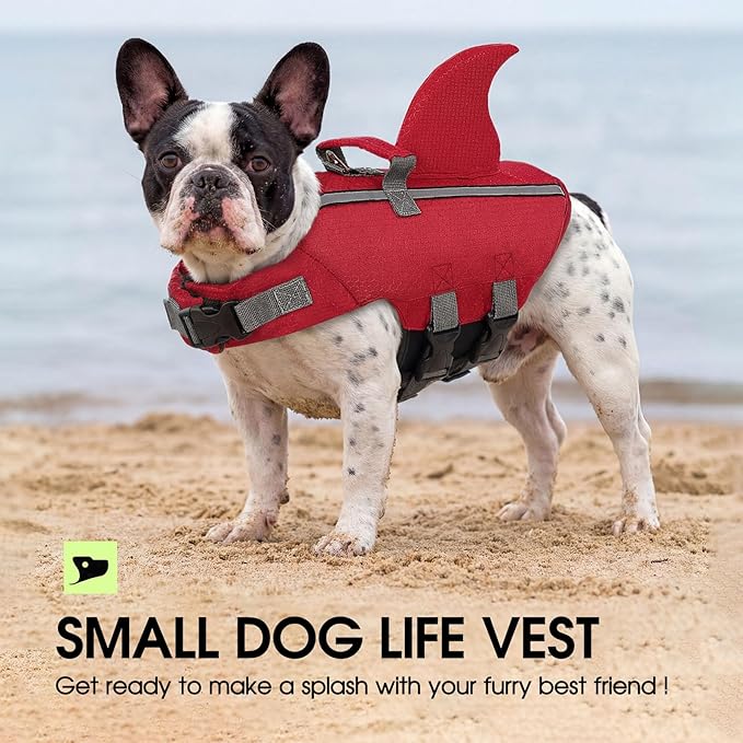 SUNFURA Dog Life Jacket Shark Life Vest for Dogs, Adjustable Swmming Vest with High Buoyancy, Safety Lifesaver with Rescue Handle for French Bulldog Small Medium Breeds, Burgundy S