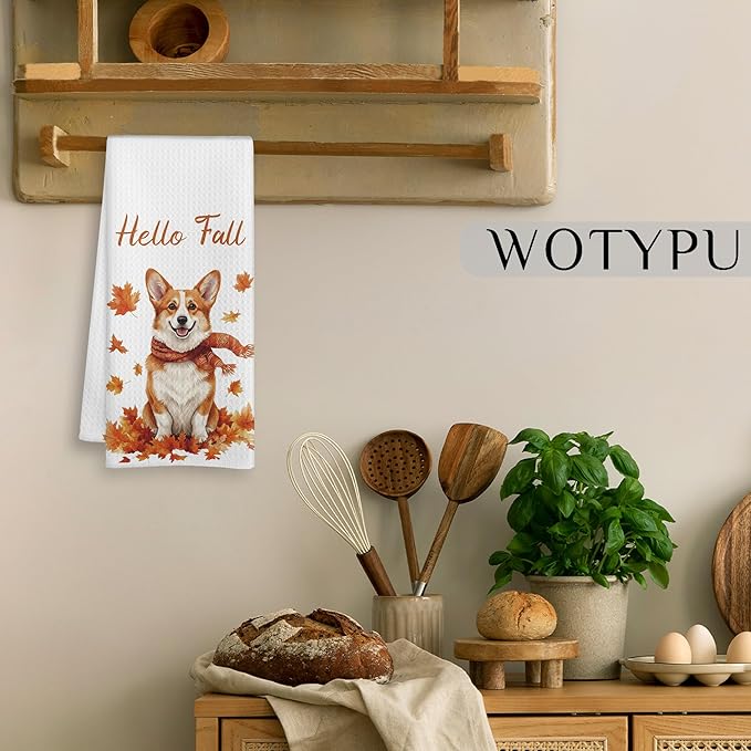 Fall Corgi Kitchen Towels, Corgi Lover Gifts Dish Tea Towel for Kitchen Decor, Farmhouse Fall Autumn Maple Leaf Dog Hand Towels for Bathroom Decor,16X24 Inch
