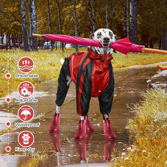 Dog Raincoat, Waterproof Dog Rain Jacket, Lightweight, Adjustable, Red, Large
