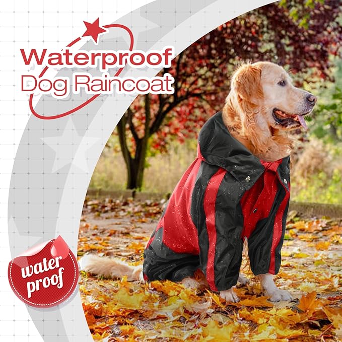 Dog Raincoat, Lightweight Rain Jacket, Adjustable 4-Legs Pet Poncho with Hood, Snow-Proof Dog Vest Rainwear, Rain Clothes Apparel with Leash Hole