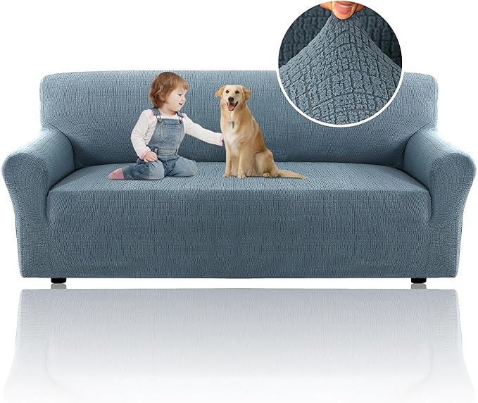 H.VERSAILTEX Stretch Jacquard Couch Cover 1 Piece Soft Sofa Covers Furniture Protector with Elastic Bottom Anti-Slip Thickened Dogs Slipcovers Washable Crizzle Pattern(Sofa, Stone Blue)