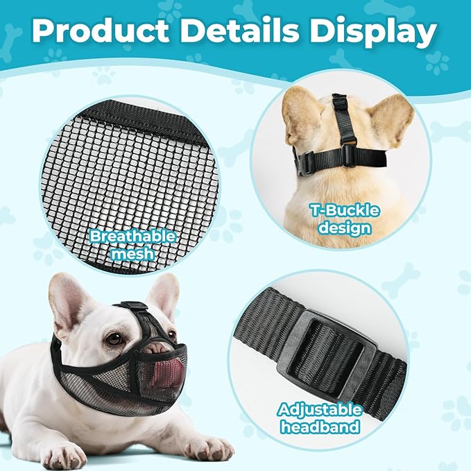 Soft French Bulldog Muzzle with Eye Hole, Adjustable Short Snout Dog Muzzle for French Bulldog, Pug, Shih Tzu, Anit Biting Chewing, Allow to Drink and Feed(L,Black)