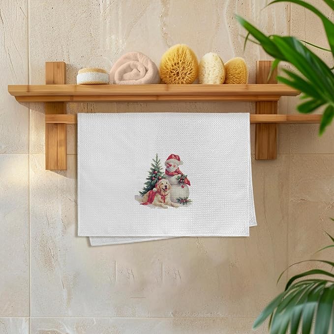 Christmas Golden Retriever Gifts Kitchen Towels, Xmas Snowman Dish Tea Towels for Kitchen, Christmas Winter Hand Towel for Bathroom Decor, Golden Retriever Gift for Dog Lovers, 16x24 Inch