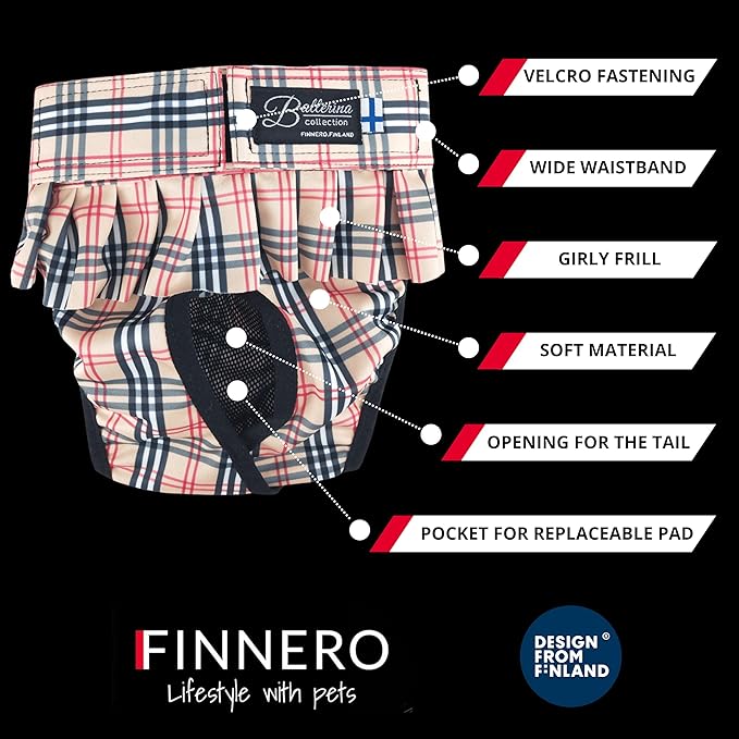 FINNERO Ballerina Dog Diaper – Washable, Reusable, Leak-Proof – Heat, Period & Urine Incontinence Protection – Comfortable, and Stylish Design – Adjustable Fit for Female Dogs – Medium, Checkered