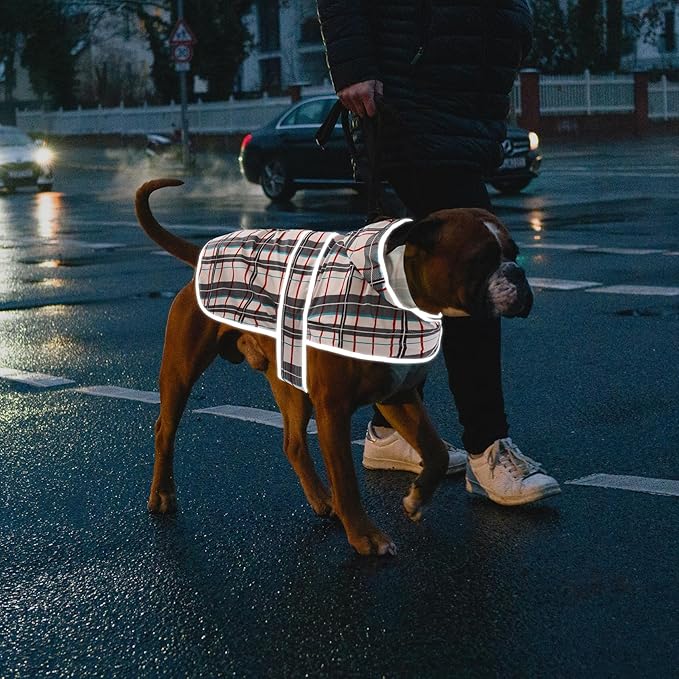Dog Raincoat for Large Dogs Waterproof Jacket Hooded Rain Coats with Reflective Strips Leash Hole & Poncho Adjustable Fit (Plaid,XL)