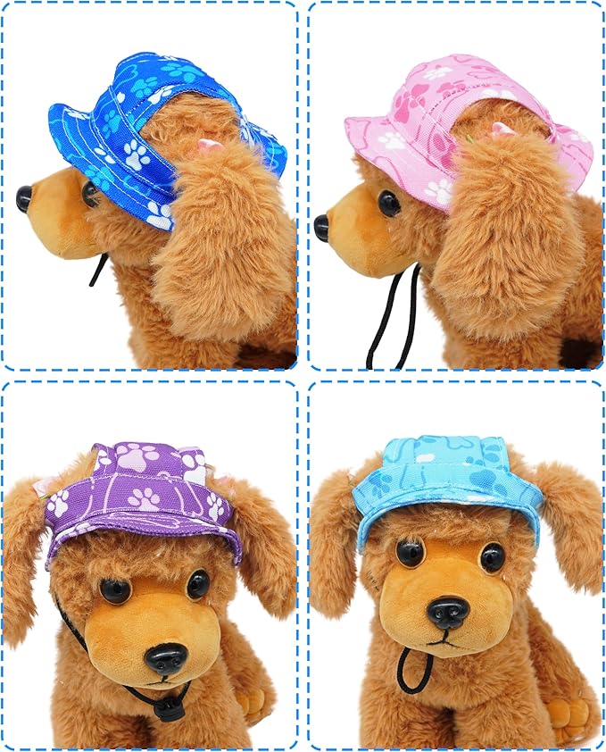 PET SHOW Dog Bucket Hat Paw Print Dog Visors for Medium Large Dogs Waterproof Outdoor Pet Sun Hats with Ear Holes Round Brim Adjustable Drawstring Boy Puppy Cap-Blue/L