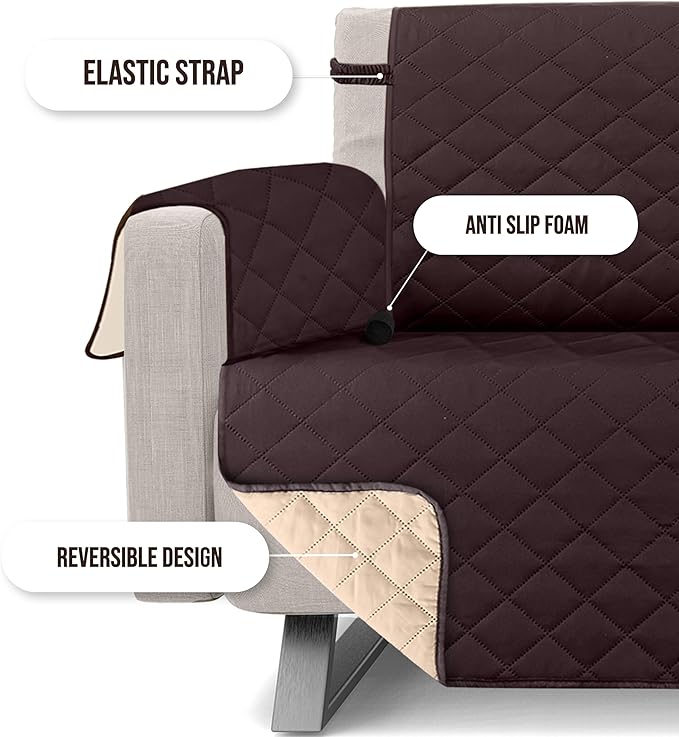 Utopia Bedding Reversible Sofa Couch Cover, Water Resistant Slipcover Furniture Protector with Foam Sticks and Elastic Straps for Kids Dogs Pets (3 Seater, Chocolate/Beige)
