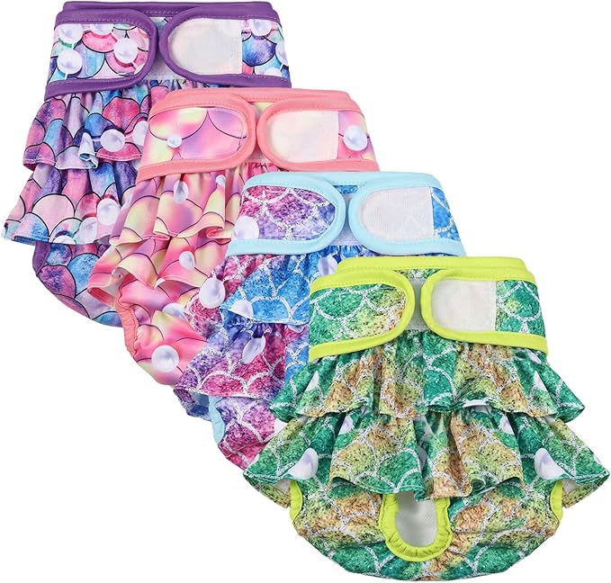 4 Pack Dog Diapers Female Washable Dog Diapers Reusable Puppy Diapers Highly Absorbent Comfortable Doggy Diapers for Dogs in Heat or Excitable Urination (L, Mermaid)