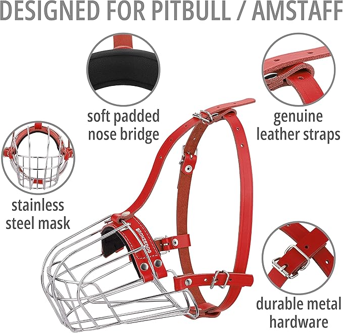 BRONZEDOG Pitbull Dog Muzzle Breathable Metal Basket for Large Dogs Amstaff Staffordshire Terrier Biting Chewing Barking (Leather, Red)