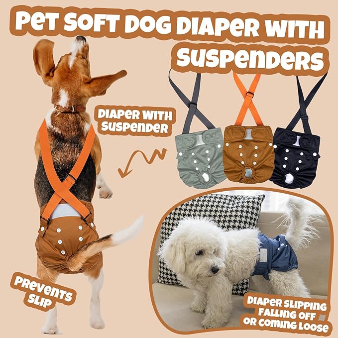 Pet Soft Dog Diapers Female with Suspenders, 3 Pack Reusable Female Dog Diapers for Heat, Dog Period Panties for Doggie in Cycle(X-Small, Deepcolor)