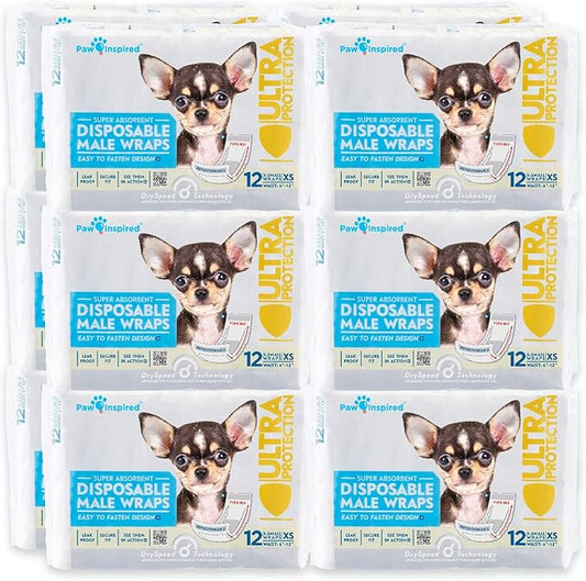 Paw Inspired Disposable Male Dog Wraps, Belly Band for Dogs | Disposable Dog Diapers | Belly Bands for Male Dogs (144 Count, X-Small)