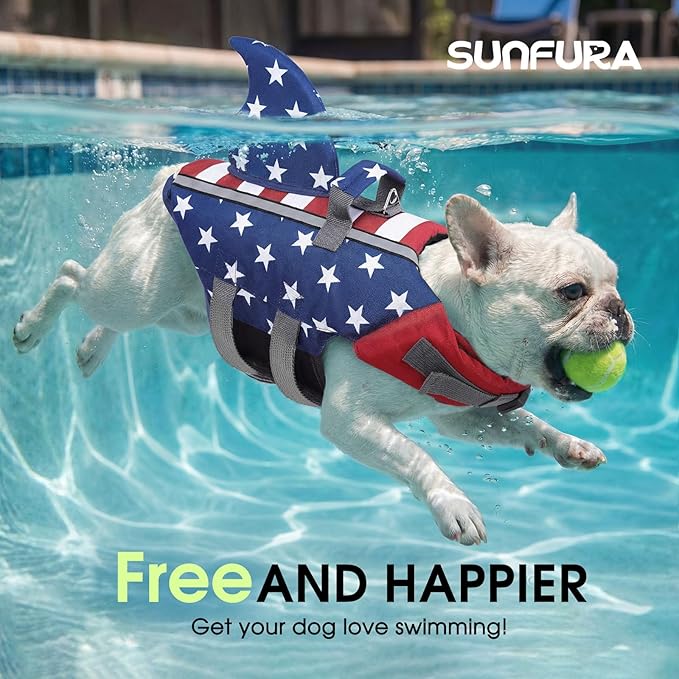 SUNFURA Dog Life Jacket Shark Life Vest for Dogs, Adjustable Swmming Vest with High Buoyancy, Safety Lifesaver with Rescue Handle for French Bulldog Small Medium Breeds, USAFlag2 L