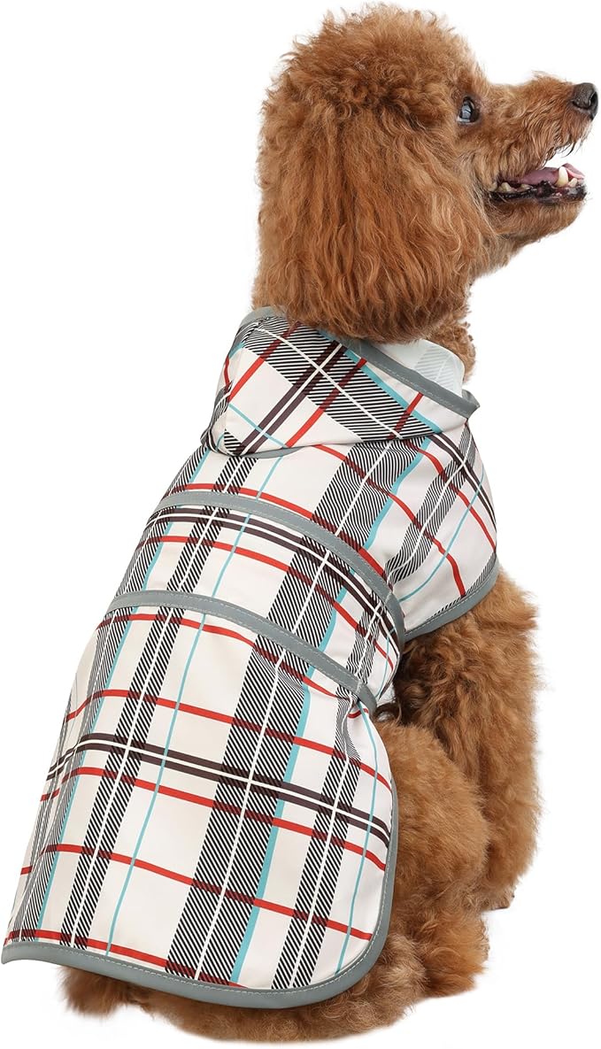 Dog Raincoat for Small Dogs Puppies Waterproof Jacket Hooded Rain Coats with Reflective Strips Leash Hole & Poncho Adjustable Fit (Plaid,XS)