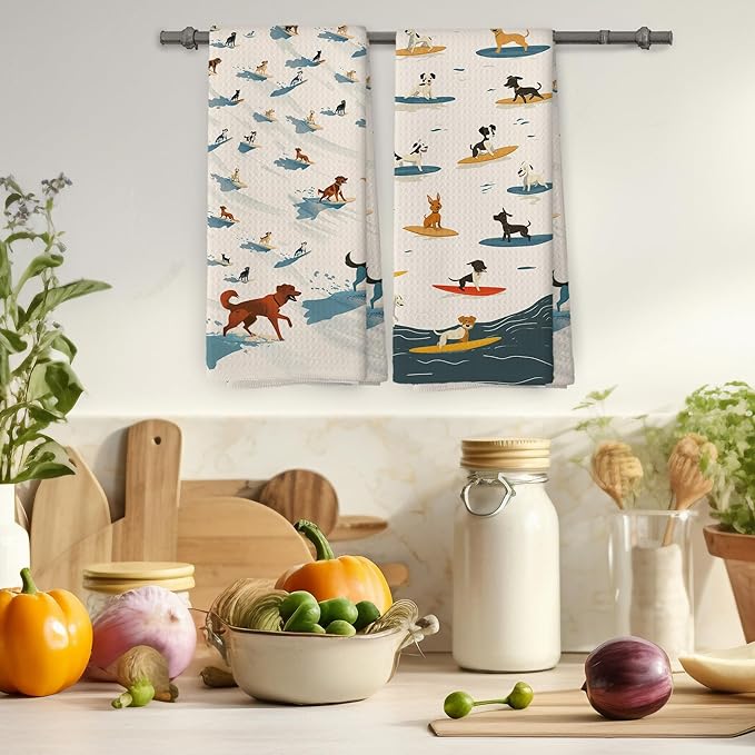 Dogs Surfing Kitchen Towels Set of 2, Coastal Summer Bathroom Decor, Dog Lover Gifts Beach Lovers Hand Towel, Ocean Surf Decorative Tea Towel Dish Towels 16x24 Inch