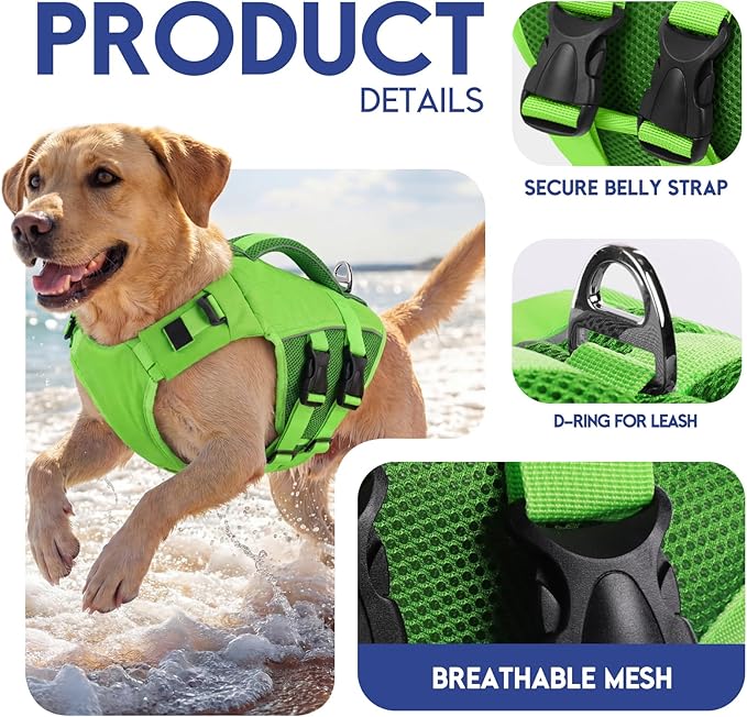 ASENKU Dog Life Jacket, High-Buoyancy Reflective Dog Swimming Vest with Durable Handles for Small/Medium/Large Dogs - Pool, Beach, Boating (Green, XS)