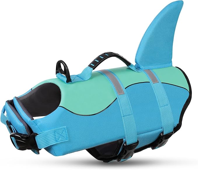 Queenmore Shark Dog Life Jacket, Dog Life Vests for Boating, High Buoyant Pet Life Vest for Swimming, Adjustable Easy On Pet Life Jackets for Small, Medium, Large Dogs (Pool Blue,XS)