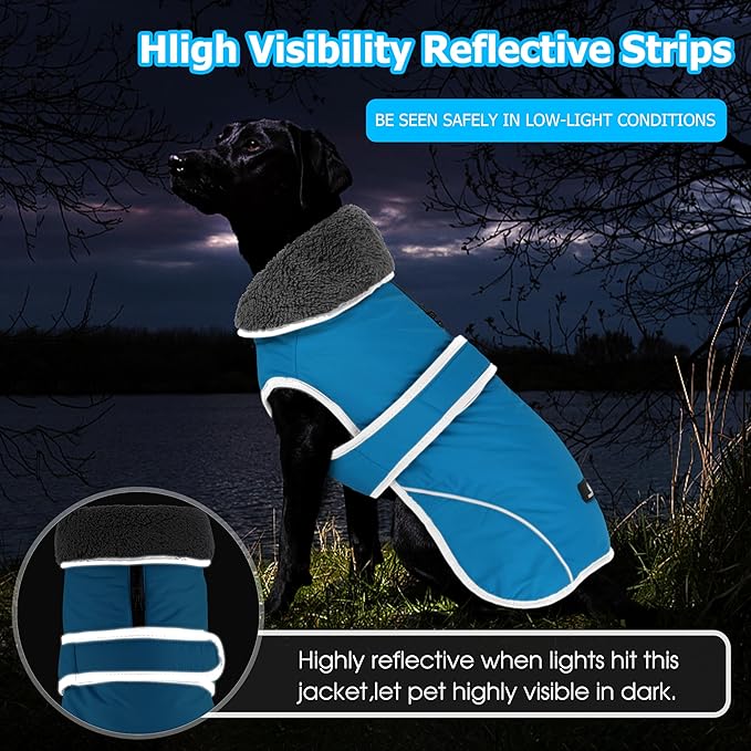 Dogcheer Dog Coat, Waterproof Dog Jacket Reflective Pet Winter Coat with Adjustable Hook & Loop, Christmas Puppy Fleece Jacket Warm Turtleneck Snowsuit for Small Medium Large Dogs - Sky Blue, M