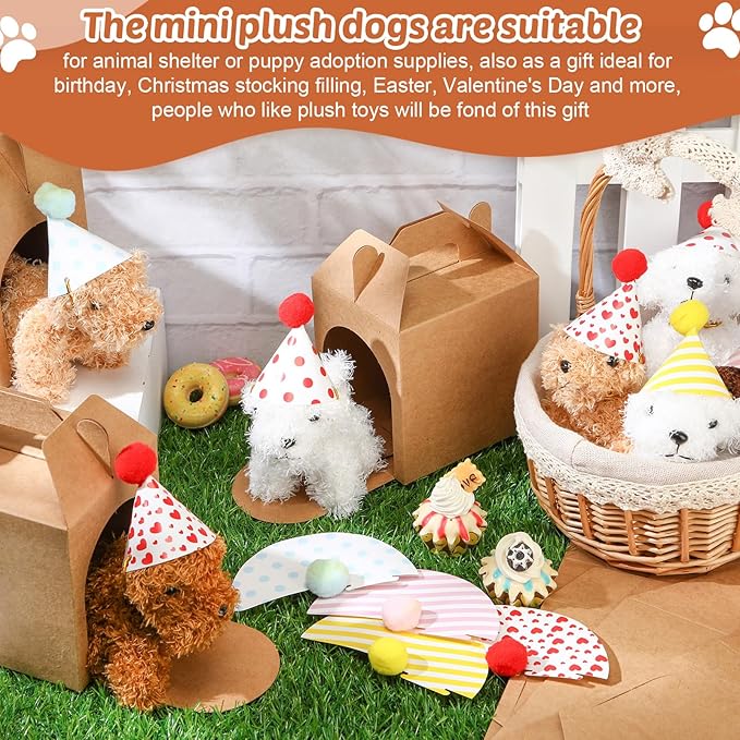 20 Set Mini Plush Toy Stuffed Animals Dogs Set with Birthday Hats Kraft Paper Boxes Small Stuffed Puppy Adopt Pet Gift for Adoption Event Animal Theme Birthday Stocking Stuffers(Dog)