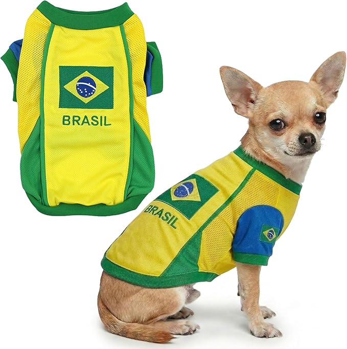 Parisian Pet Team Brazil Dog Jersey - Breathable Mesh Puppy Football Jersey - Lightweight Stretch Sporty Dog Clothes - Summer Shirts for Small Dogs - Soccer Jersey for Dogs - Sportswear Pet Clothes