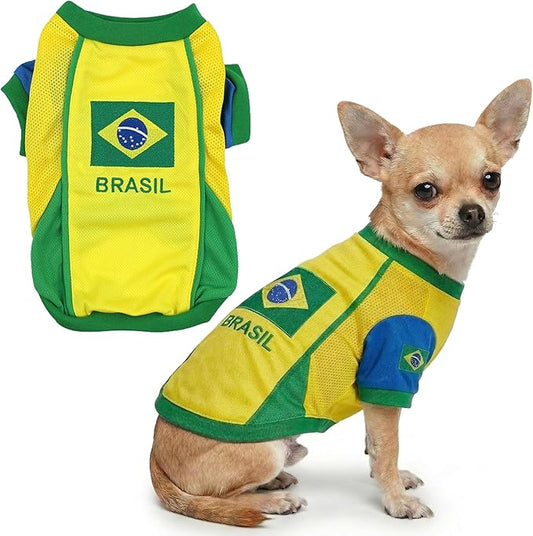 Parisian Pet Team Brazil Dog Jersey - Breathable Mesh Puppy Football Jersey - Lightweight Stretch Sporty Dog Clothes - Summer Shirts for Small Dogs - Soccer Jersey for Dogs - Sportswear Pet Clothes