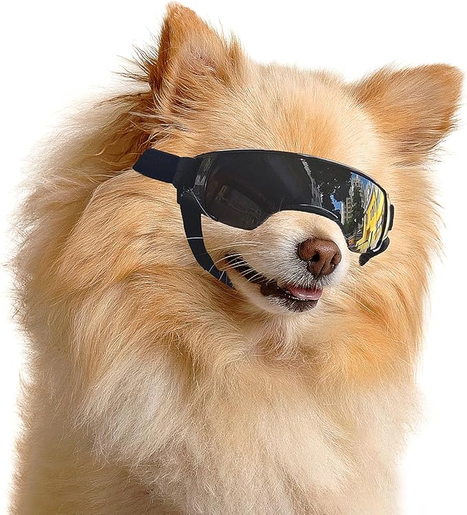 ENJOYING Dog Sunglasses Small Breed, Anti-UV Puppy Goggles for Small Dogs, Windproof Outdoor Dog Eye Protection for Driving Biking, Adjustable Head Straps, Cute Black