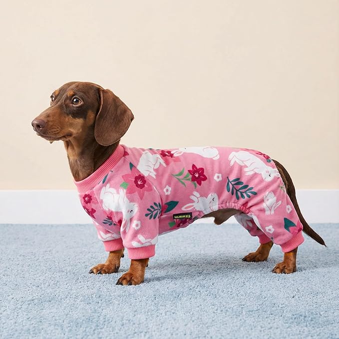 Fitwarm Floral Bunny Dog Pajamas, Cute Easter Outfit for Small Dogs Girl, Festive Pet Clothes, Pink, Red, White, Large