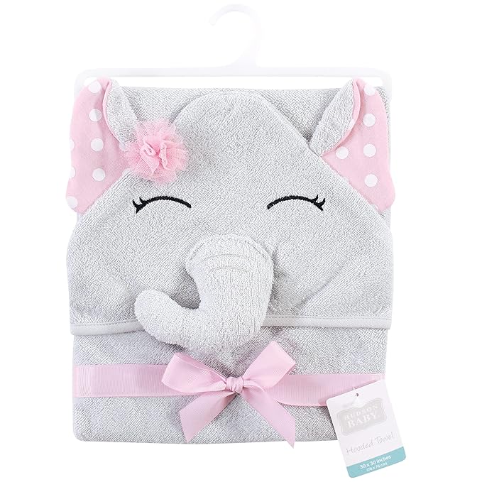 Hudson Baby Unisex Baby Cotton Animal Face Hooded Towel, White Dots Pretty Elephant, One Size