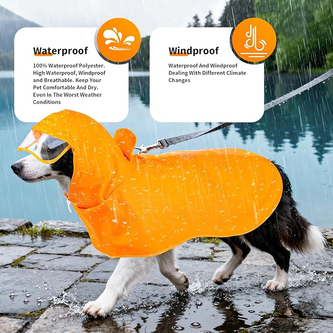 Dog Raincoat, Waterproof Windproof Dog Rain Jacket with Hood, Rain Coat with Leash Hole, Adjustable Raincoat Poncho for Small Medium Large Dogs Outdoor (Yellow, M-)