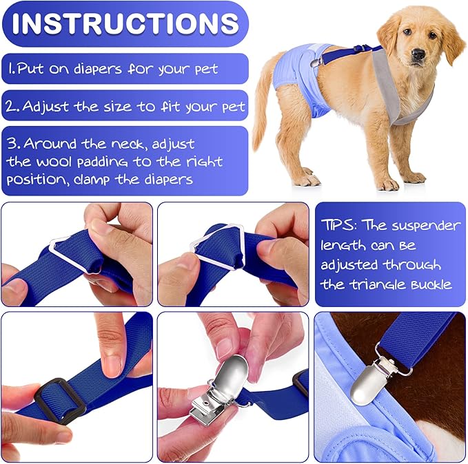 Saintrygo 2 Pcs Dog Suspenders for Diapers Female Male Belly Bands Canine Harness Keep Diaper on Your Pet for Small Medium and Large Dogs(Black, Blue,Large)