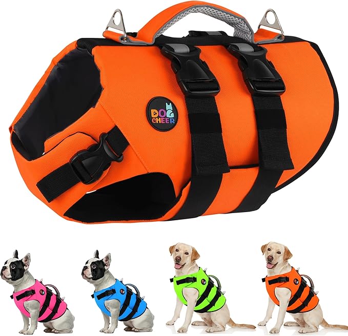 Dogcheer Dog Harness Life Jacket, High Buoyancy Neoprene Dog Life Vest for Swimming Boating, Adjustable Puppy Swim Vest Reflective Pet Float Vest for Small Medium Large Dogs - Orange, M