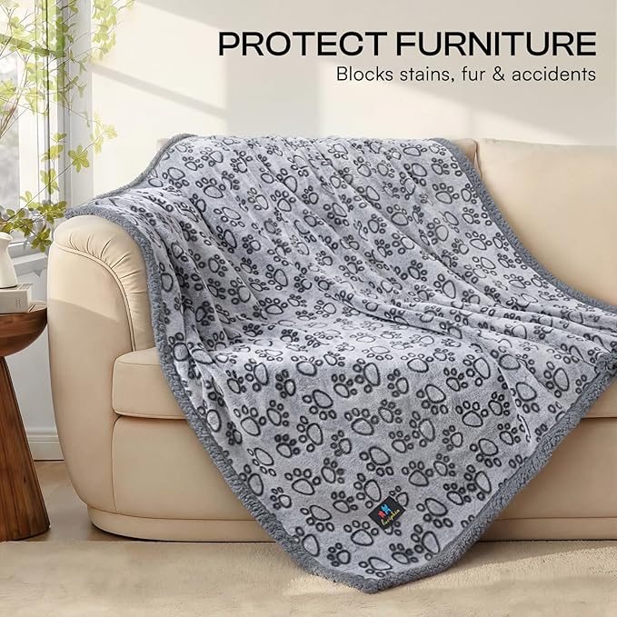 Luciphia Waterproof Pet Blankets for Couch Sofa Bed Cover Liquid Pee Proof Washable Soft Fluffy Large Dog Blanket Reversible Furniture Protection Paw Grey Large（65" x 57"）