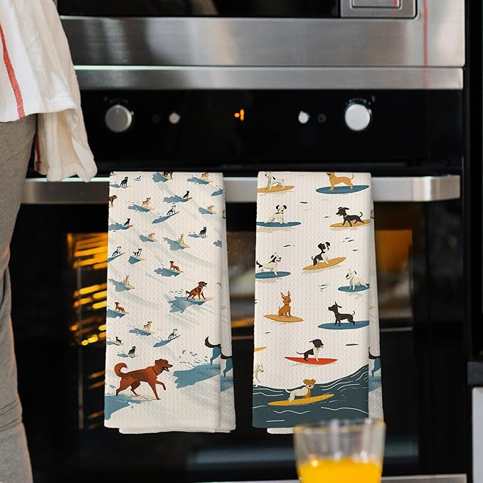 Dogs Surfing Kitchen Towels Set of 2, Coastal Summer Bathroom Decor, Dog Lover Gifts Beach Lovers Hand Towel, Ocean Surf Decorative Tea Towel Dish Towels 16x24 Inch