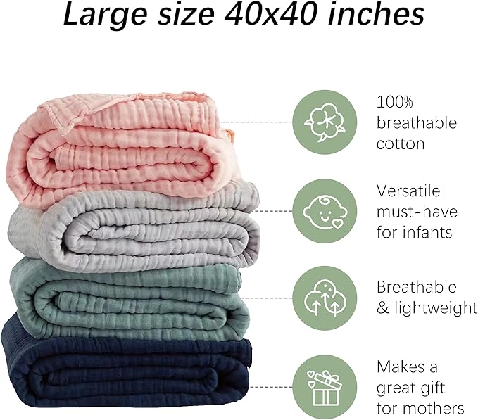 SWEET DOLPHIN Muslin Baby Bath Towels Blanket - 2 Pack 100% Cotton Towel for Babies, Infants, Toddlers - 40x40Inch - Highly Absorbent, Blue